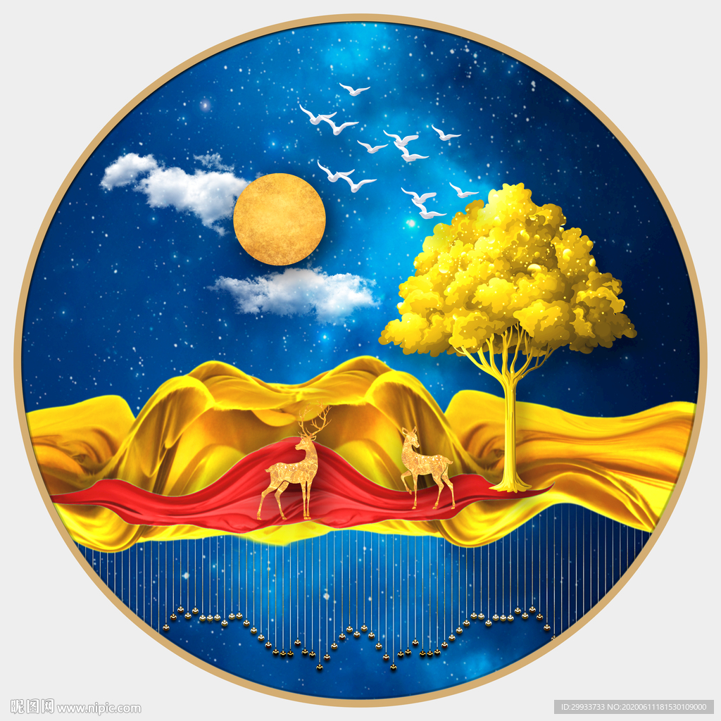 轻奢麋鹿山水发财树圆形装饰画