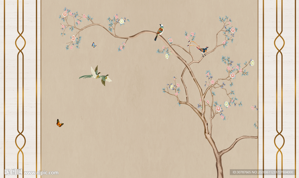 护墙板现代新中式花鸟背景墙