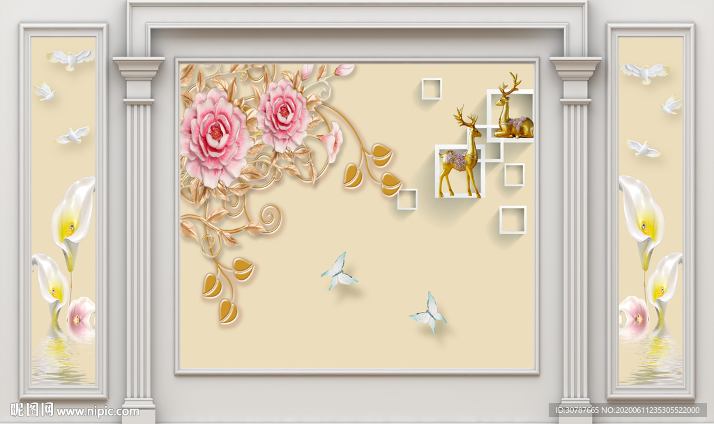 护墙板花朵麋鹿浮雕背景墙