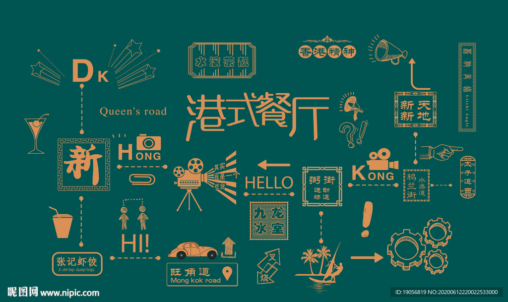 港式餐厅简约风背景墙壁画壁纸