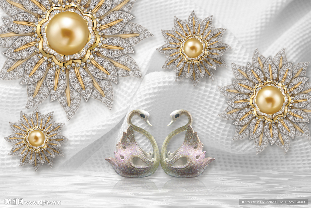 欧式珠宝花卉天鹅电视背景墙图片