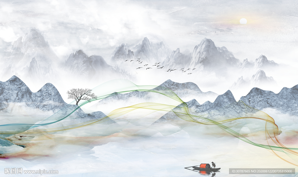 现代新中式山水水墨画背景墙