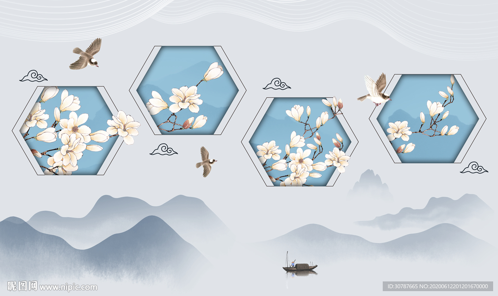 现代新中式几何花鸟背景墙