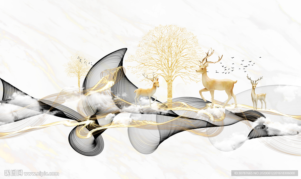 大理石纹抽象线条麋鹿背景墙