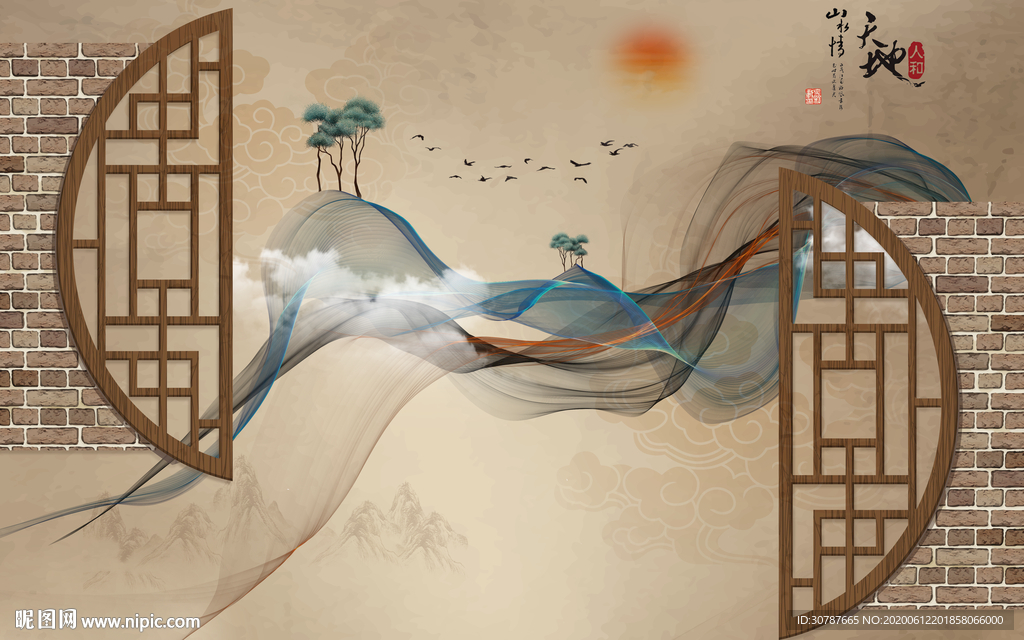 现代新中式抽象线条背景墙