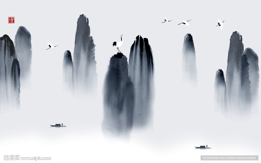 现代新中式山水水墨画背景墙