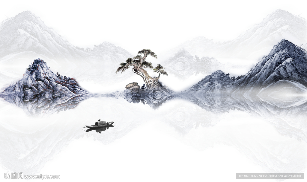 现代新中式山水水墨画背景墙