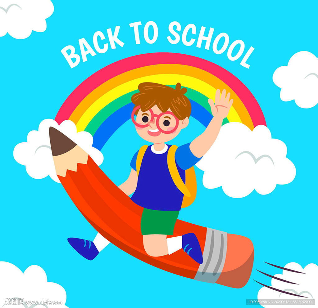 男孩乘铅笔飞回学校的概念