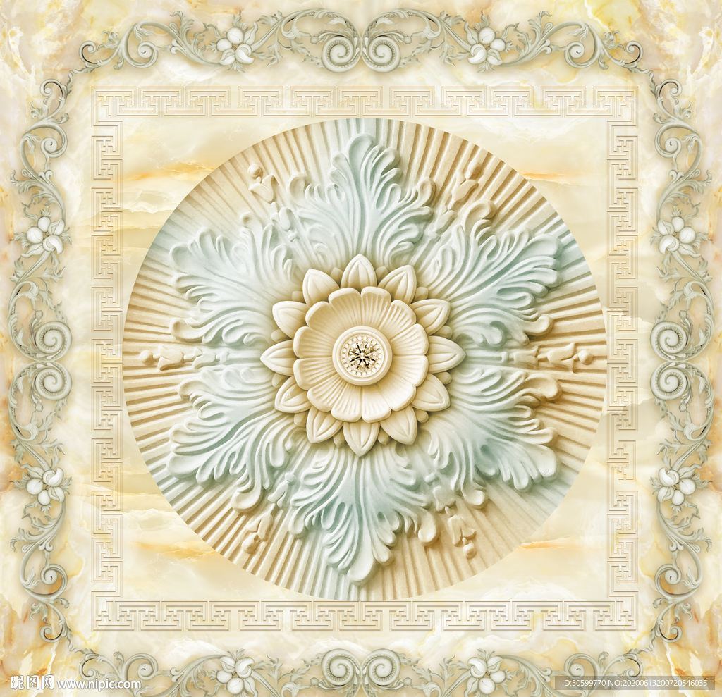 花卉浮雕天顶装饰画