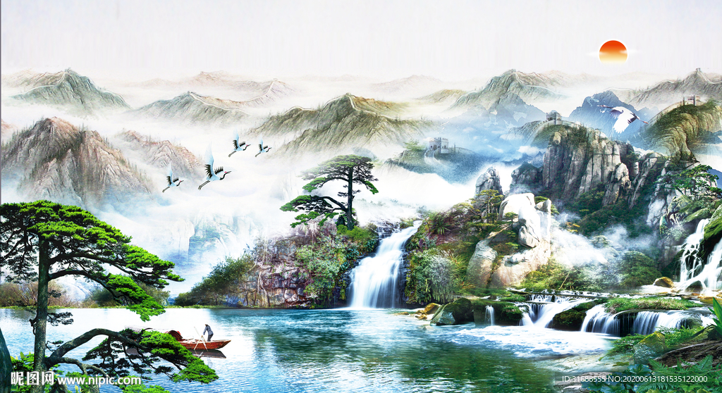 中式山水迎客松国画