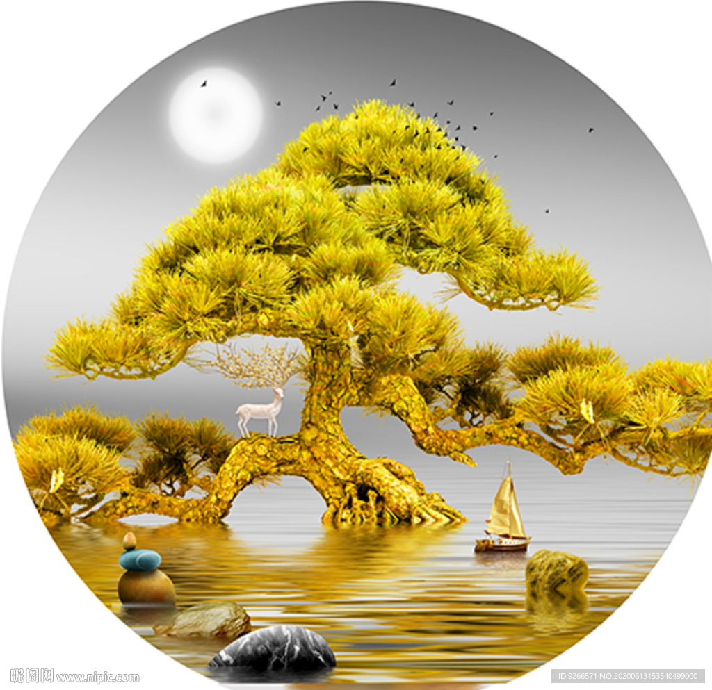 石来运转麋鹿山水圆形装饰画