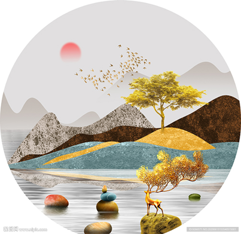 石来运转麋鹿山水圆形装饰画