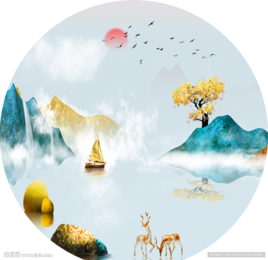 石来运转麋鹿山水圆形装饰画