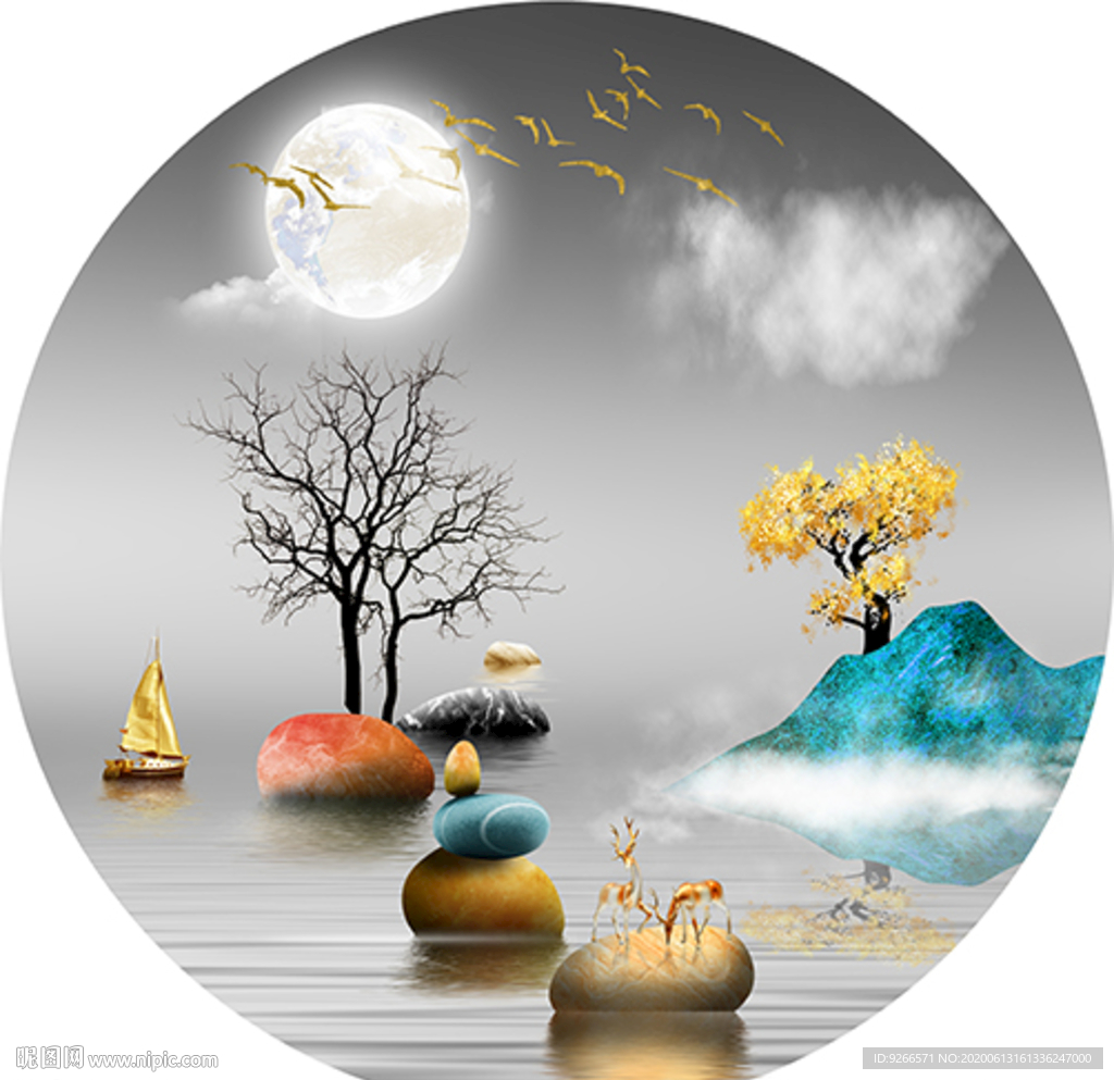 石来运转麋鹿山水圆形晶瓷装饰画