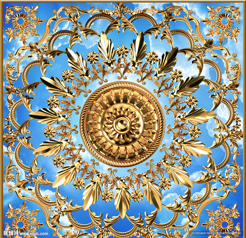 奢华古典黄金花天空天顶壁画花