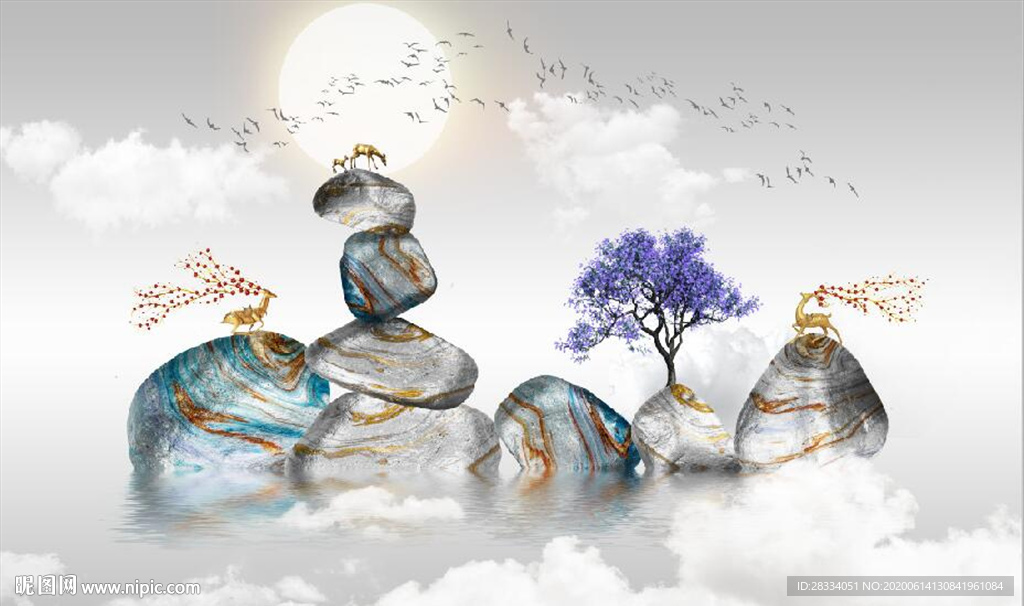 新中式转运石金色麋鹿电视背景墙