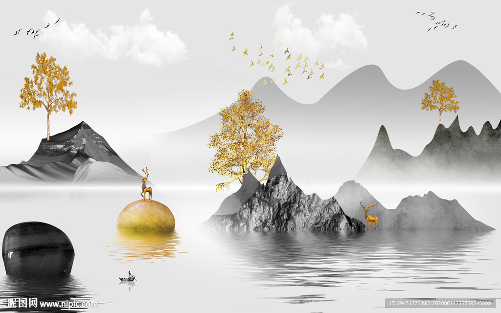 高档 背景墙山水画 tif分层