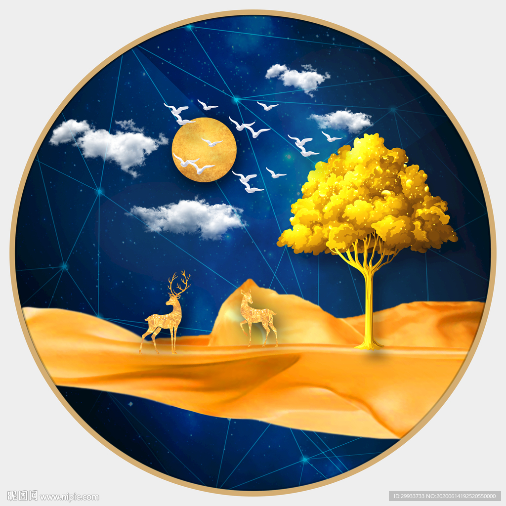 轻奢麋鹿山水发财树圆形装饰画