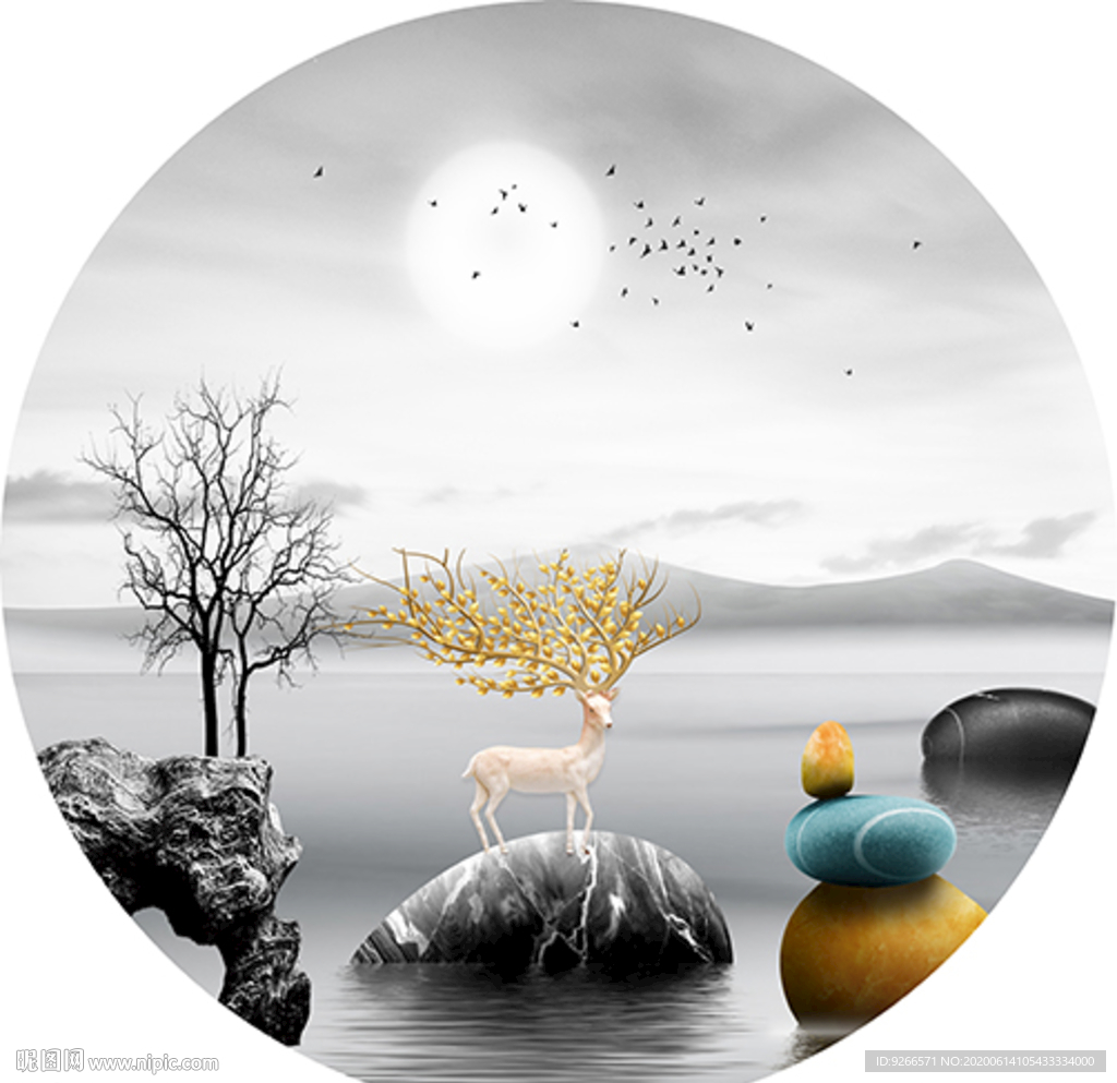 石来运转麋鹿山水圆形装饰画