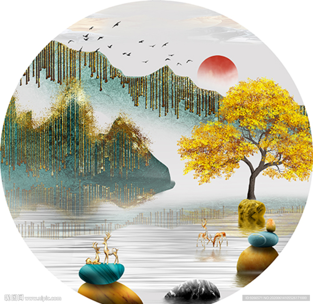 石来运转麋鹿山水圆形晶瓷装饰画