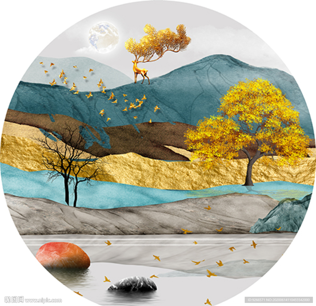 石来运转麋鹿山水圆形晶瓷装饰画