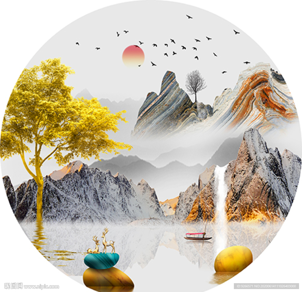 石来运转麋鹿山水圆形晶瓷装饰画