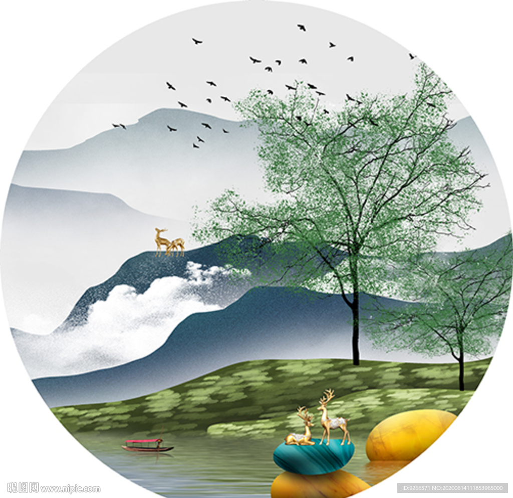 石来运转麋鹿山水圆形晶瓷装饰画