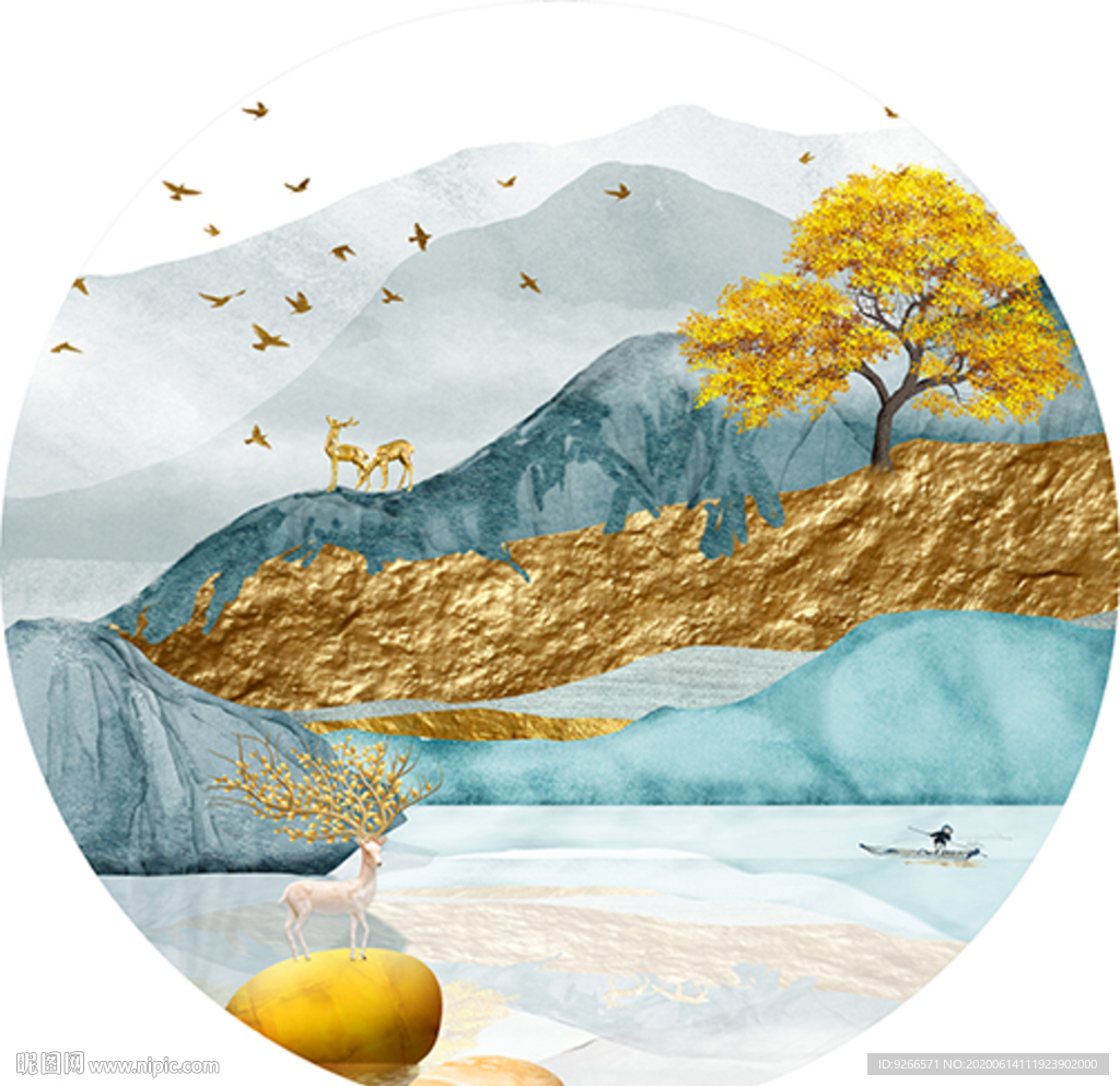 石来运转麋鹿山水圆形晶瓷装饰画