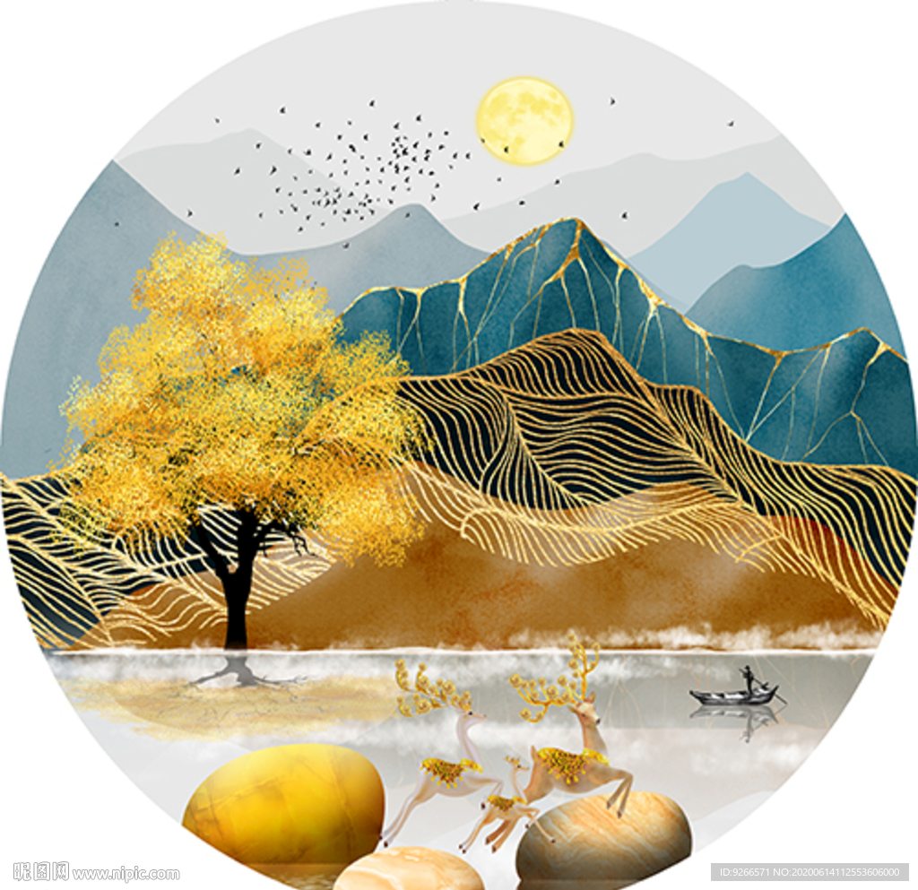 石来运转麋鹿山水圆形晶瓷装饰画