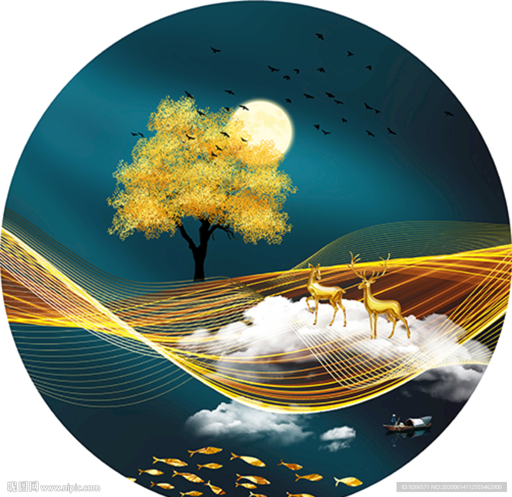 中式麋鹿山水圆形装饰画晶瓷画