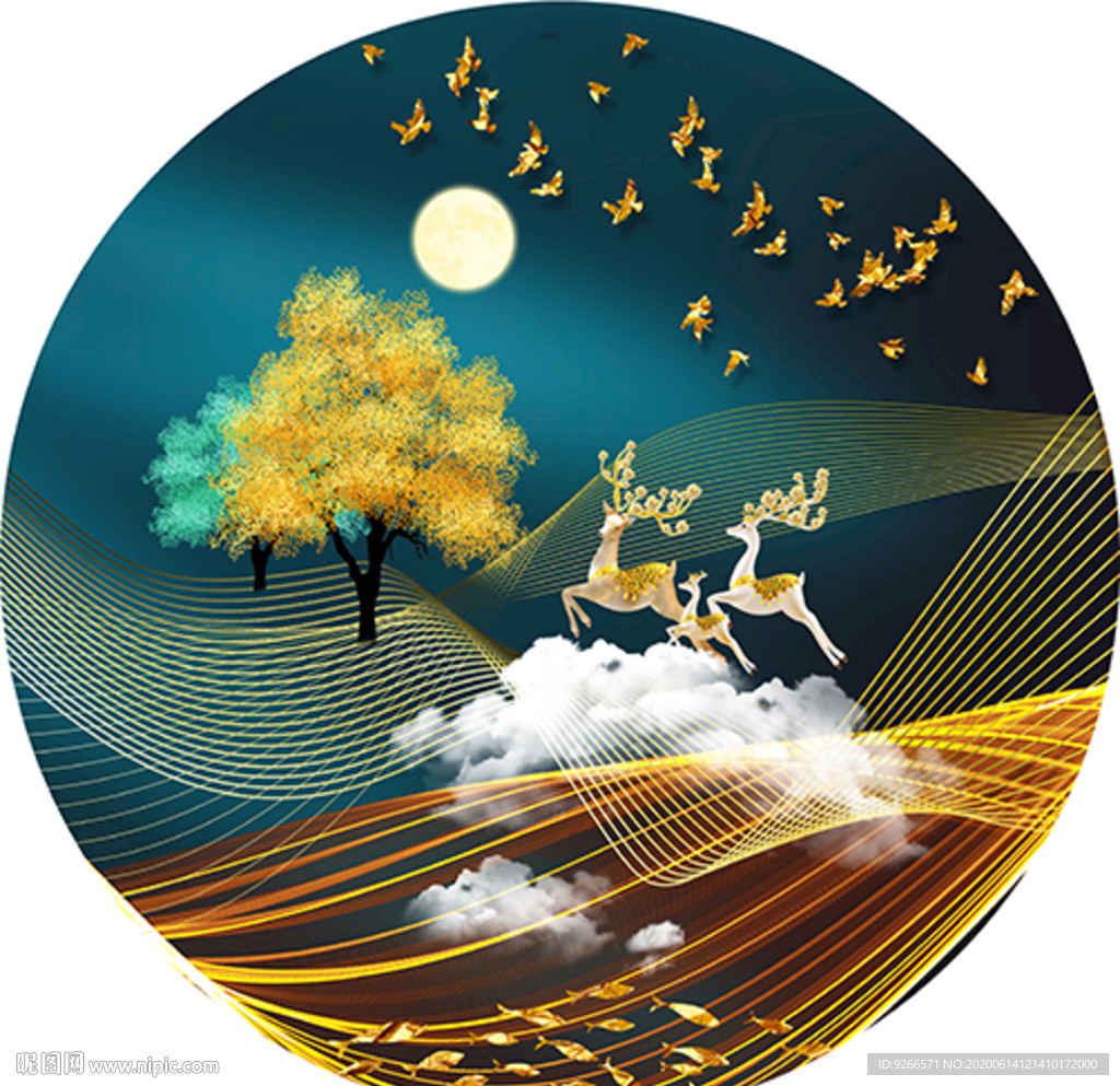 中式麋鹿山水圆形装饰画晶瓷画