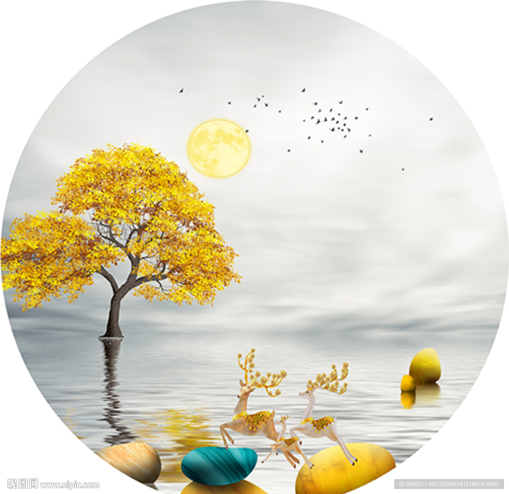 中式麋鹿山水圆形装饰画晶瓷画