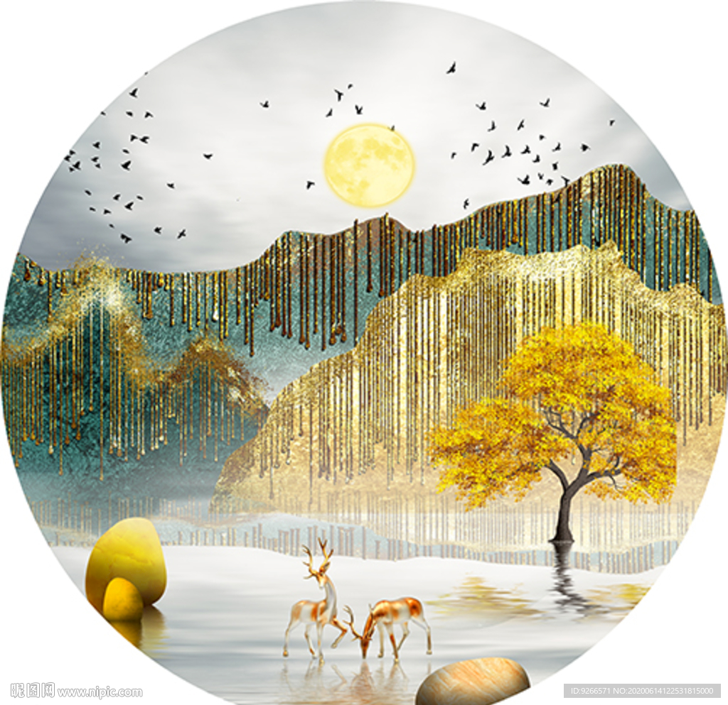 中式麋鹿山水圆形装饰画晶瓷画