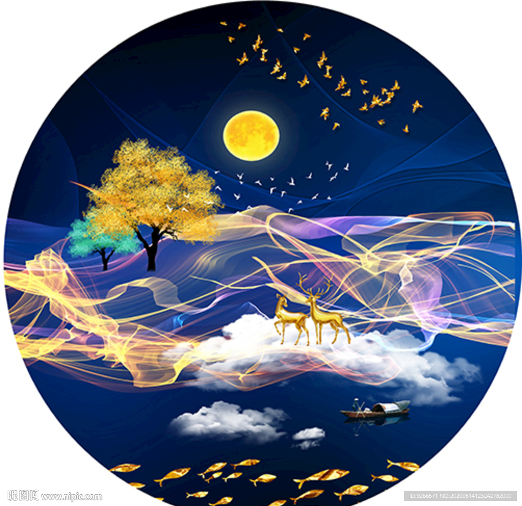 中式麋鹿山水圆形装饰画晶瓷画