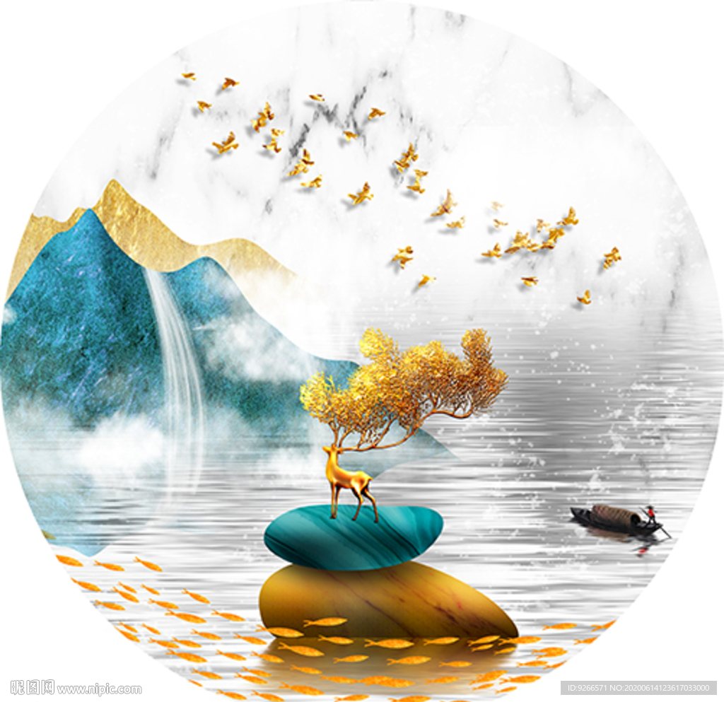 中式麋鹿山水圆形装饰画晶瓷画