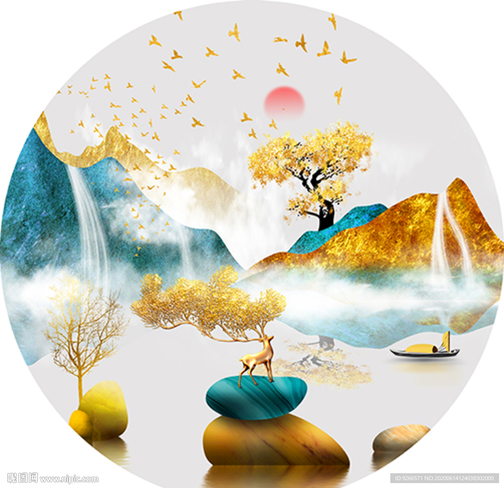 中式麋鹿山水圆形装饰画晶瓷画