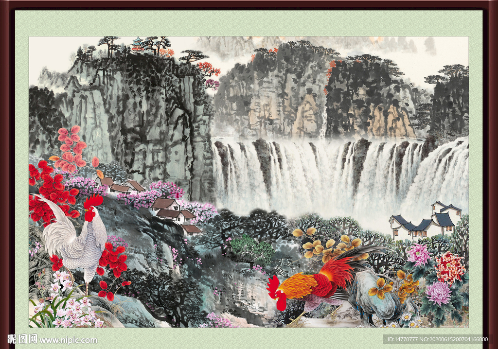 山水风景 国画公鸡