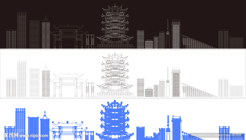 黄鹤楼建筑群纯线稿矢量图