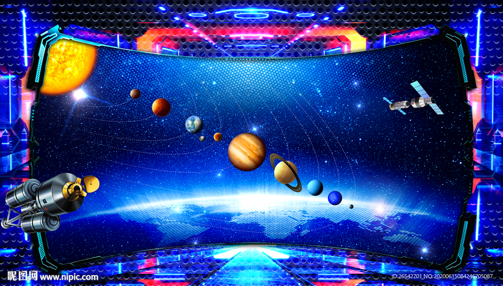 3D立体宇宙太空舱外星球背景墙
