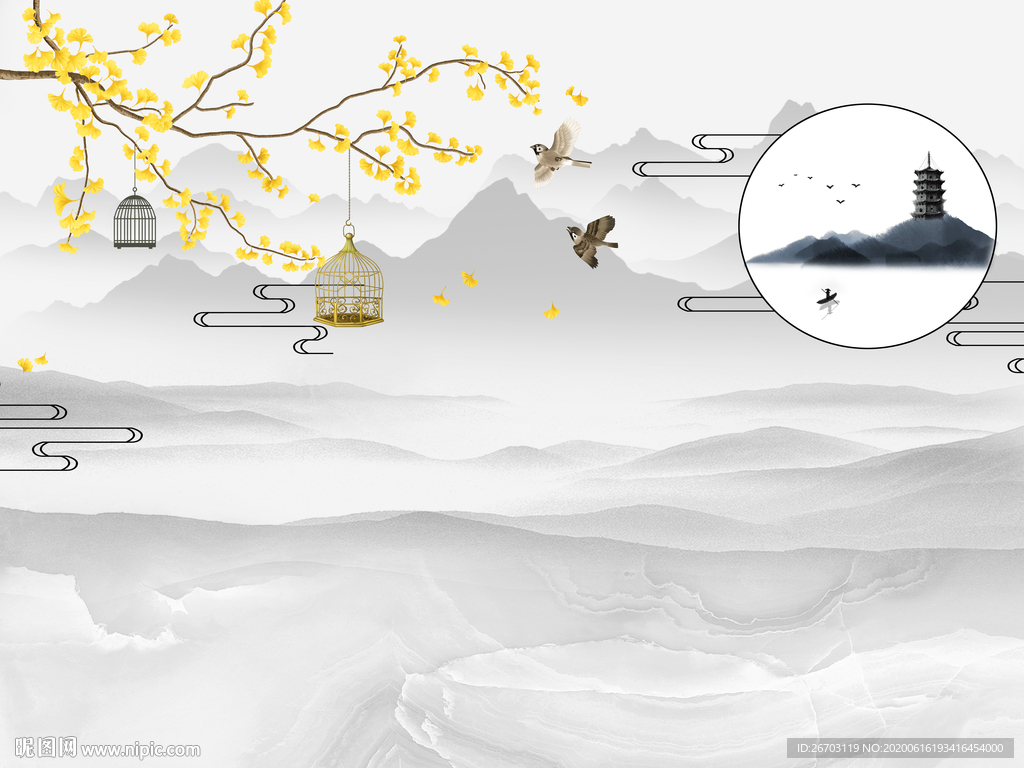 新款爆款山水花鸟电视电视背景墙