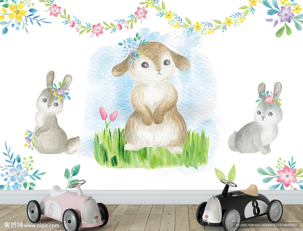兔子水彩画 儿童背景墙