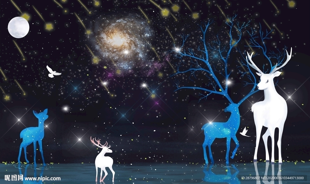 唯美手绘星空森林麋鹿图片