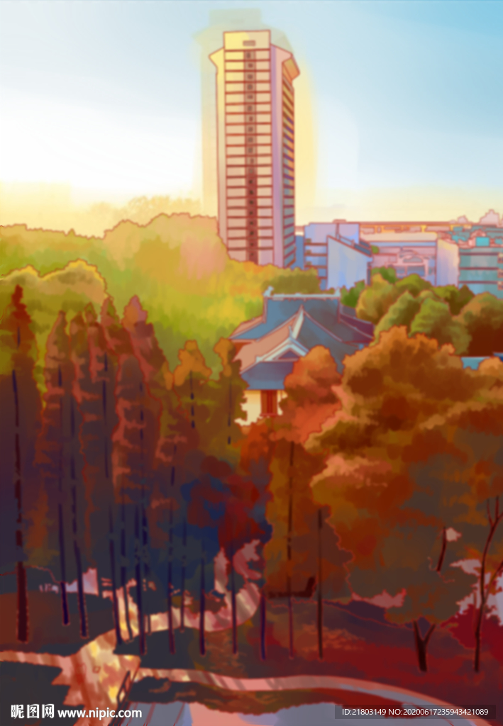 手绘南京秋色晚霞美景