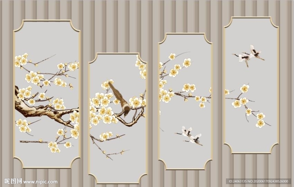 新中式工笔梅花花鸟电视背景墙