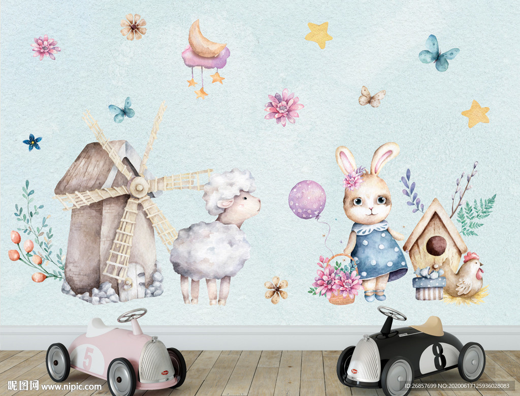 可爱小羊兔子水彩画 儿童背景墙