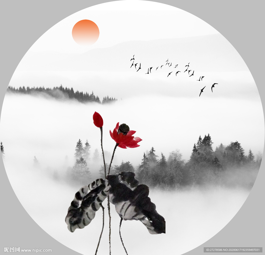 水墨荷花 荷花装饰画 圆形荷花