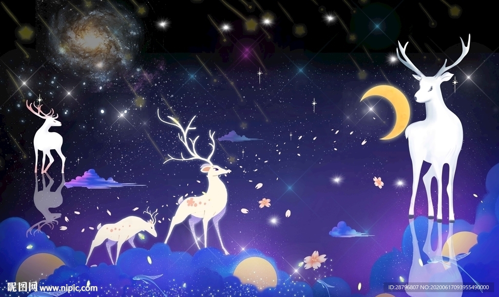 唯美手绘星空森林麋鹿图片