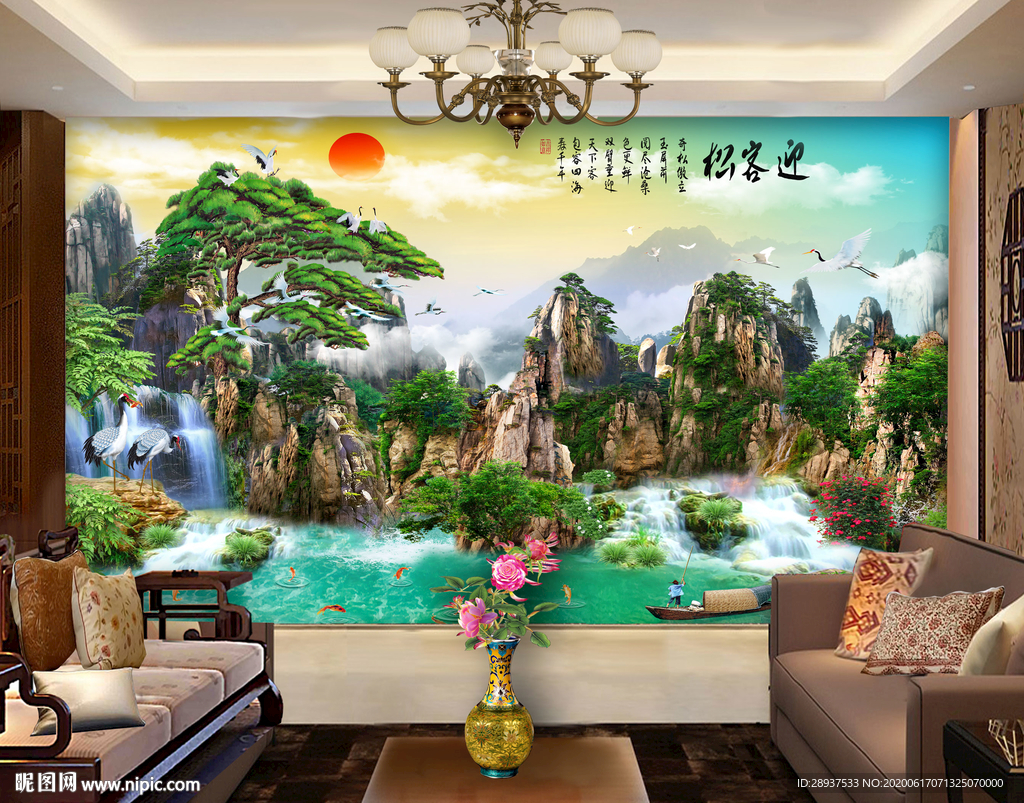 原创迎客松山水风景画背景墙