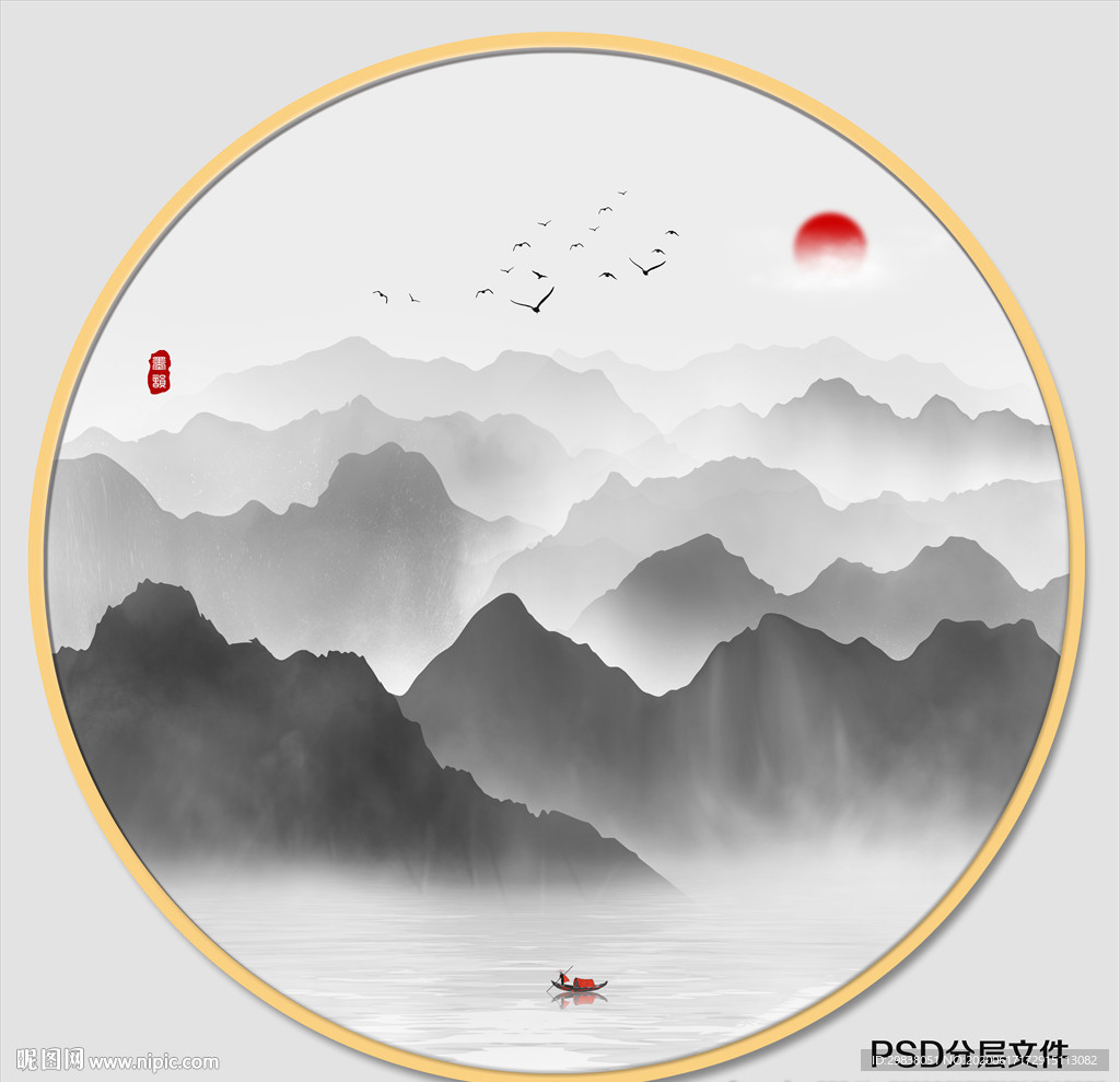 圆形水墨画