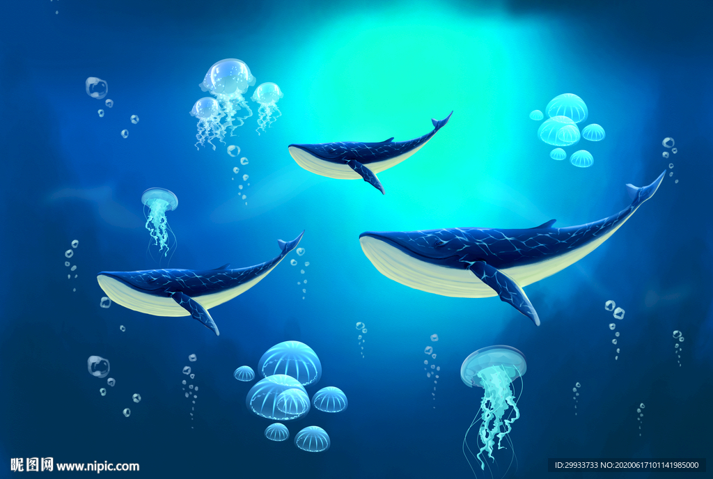 手绘深海蓝鲸水母背景墙
